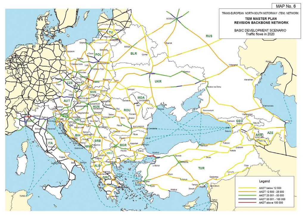 Figure 36 Traffic flows in 2020 in Trans-European North-South Motorway (TEM) Network (United Nations Economic Commission for Europe, 2011)