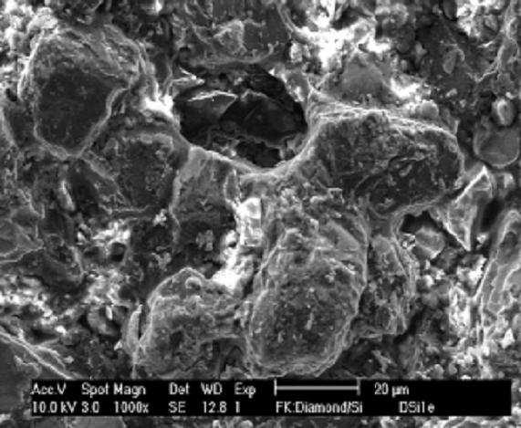a) Pores b) Fig 5.6: a) A micrograph typical of a fracture surface of a sample hot-pressed at 1500 o C (sample 9, Table 5.