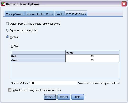 17 Creating Decision Trees Profits and Value Labels This dialog box requires defined value labels for the dependent variable.