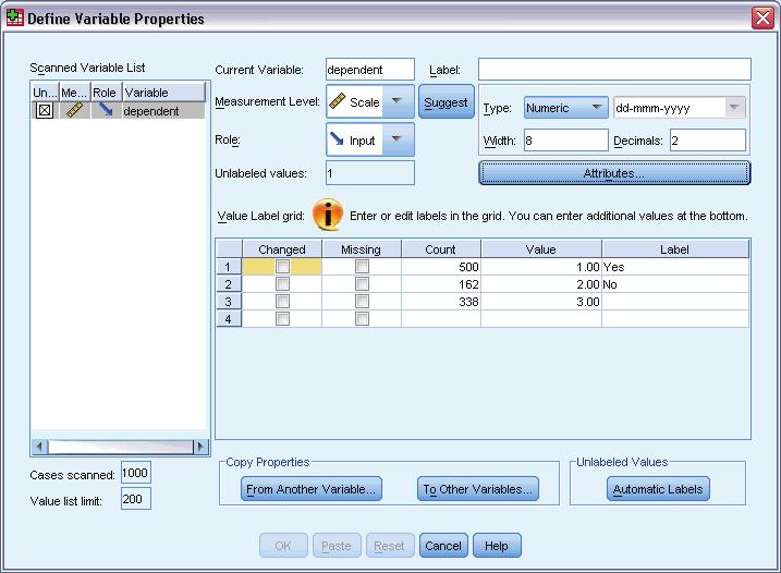 53 Data Assumptions and Requirements When the data dictionary information for the variable name is displayed in the Define Variable Properties dialog box, you can see that although there