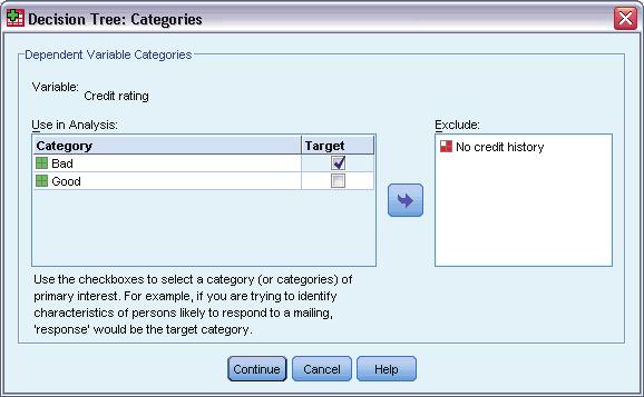 56 Chapter 4 This opens the Categories dialog box, where you can specify the dependent variable target categories of interest.