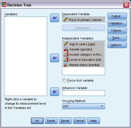 77 Building a Scoring Model Figure 5-1 Decision Tree dialog box Select Price of primary vehicle as the dependent variable.