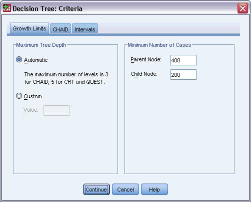 89 Missing Values in Tree Models Figure 6-3 Criteria dialog box, Growth Limits tab For Minimum Number of Cases, type 400 for Parent Node and 200