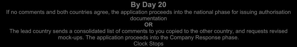 proforma and sends it back to the lead country By Day 20 If no comments and both countries agree, the application proceeds into the national phase for issuing authorisation documentation By Day 17 OR