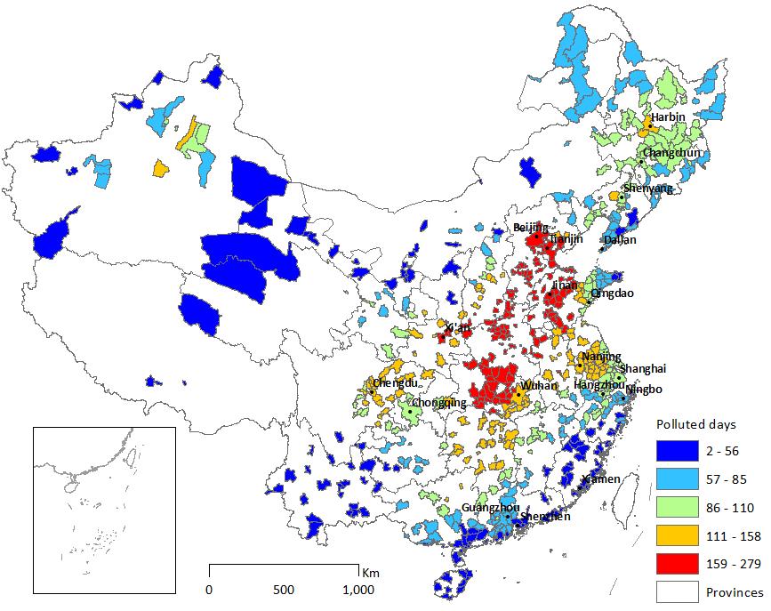 Figure 5 Polluted days for each Chinese city Figure 6