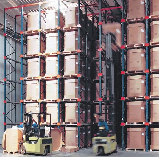 In drive-in pallet racking, the forklift truck deposits the pallet by resting the stringers on the support rails.