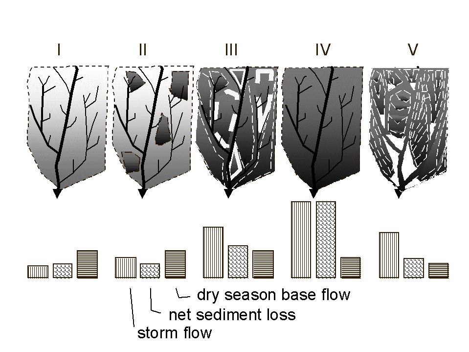 Figure IV.1 Schematic development of the landscape in a sub-watershed and its effects on storm flow, net sediment loss and dry-season base flow: I. original forest cover, II.