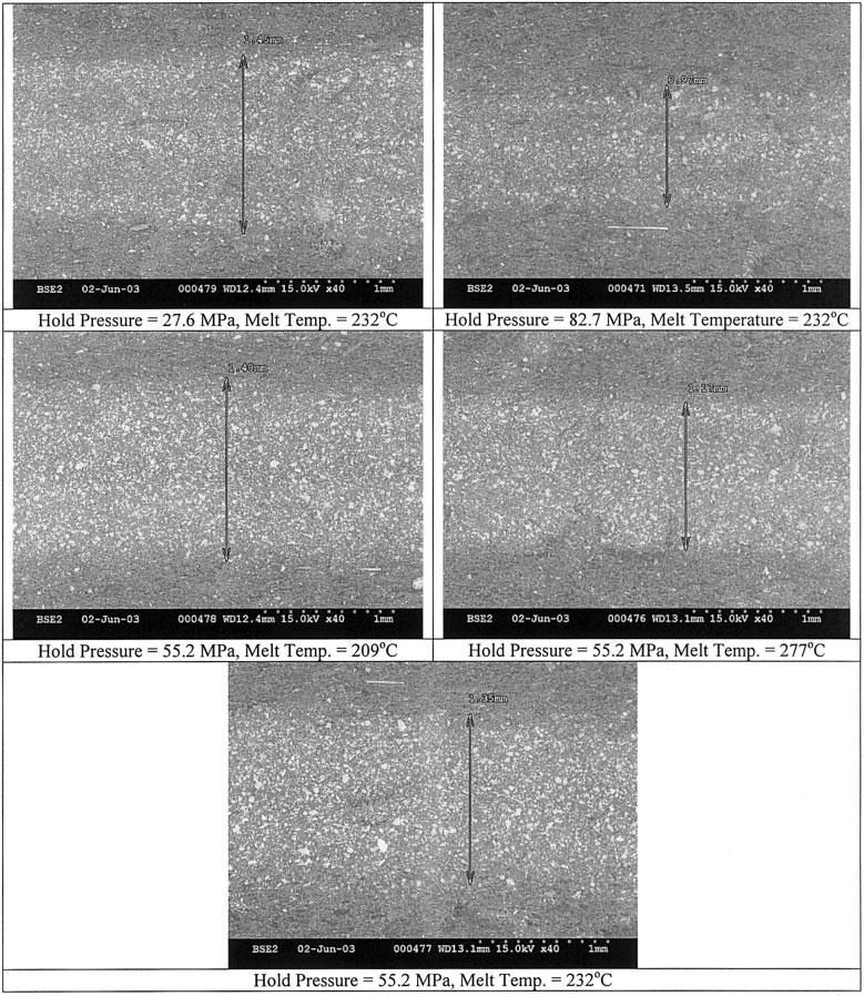 FIG. 10. SEM photographs of fatigue fracture surfaces of WL specimens (with weld line) at different melt temperatures and hold pressures (at 40 ).