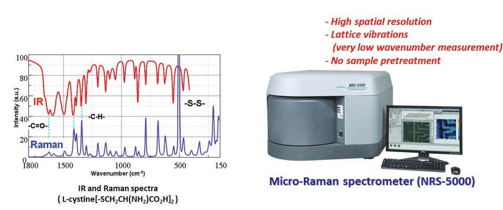 7 / 12 Features of the NRS-5200 in the evaluation of crystal polymorphism The above figure shows IR and Raman spectra of L-cystine.