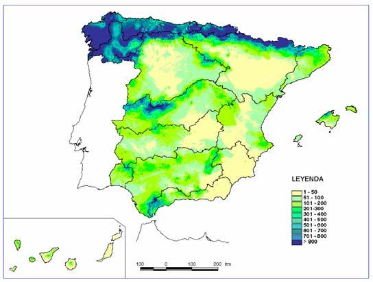Water resources in Spain 1000 900 Precipitación (mm) Evapotranspiración real (mm) Escorrentía (mm) 800 700 Mean annual precipitation (mm) mm/año 600 500 400 300 200 100 0