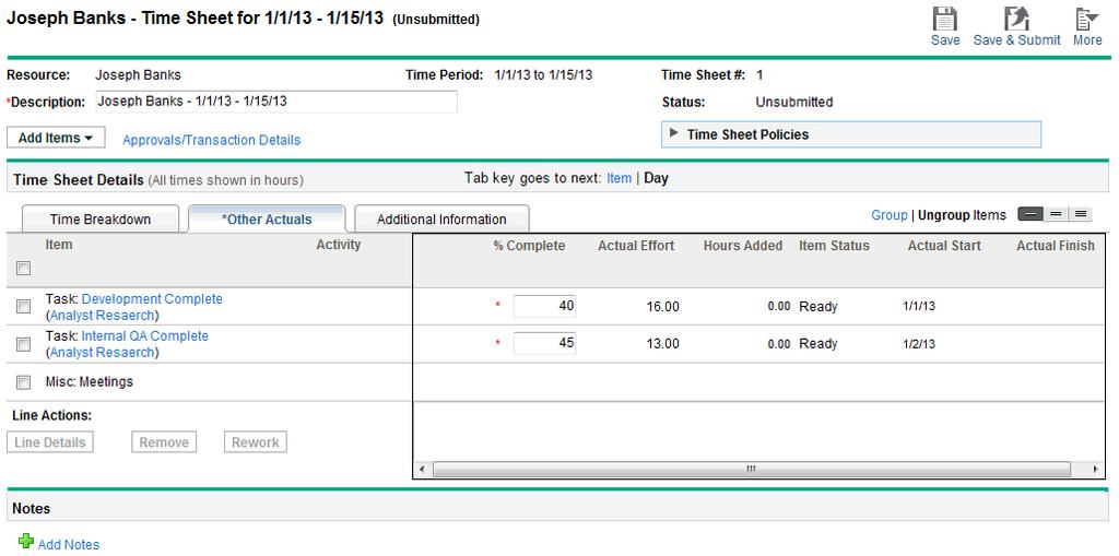 Figure 2-6. Example time sheet, Other Actuals tab The Item, Status, and Activity columns on the left side of the time sheet are the same as when the Time Breakdown tab is selected.