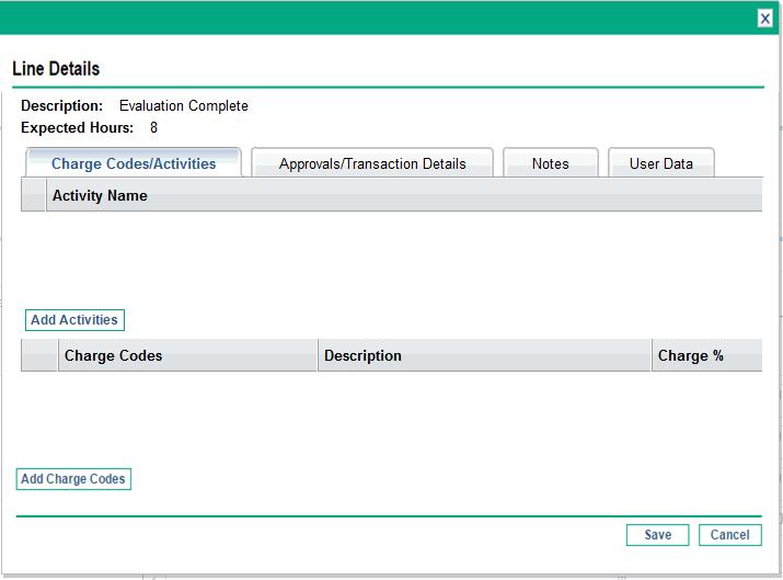 Figure 2-8. Line Details, Charge Codes/Activities tab Click Add Charge Codes and select from the predefined charge codes as necessary to specify the charge codes for this work item.