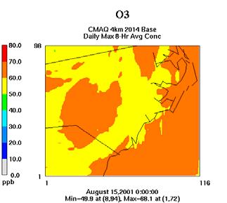 Air Quality Modeling 15 August 15 September The 2014 baseline ozone concentrations within the area of interest are in the range of 40 to 70 ppb on the selected days.