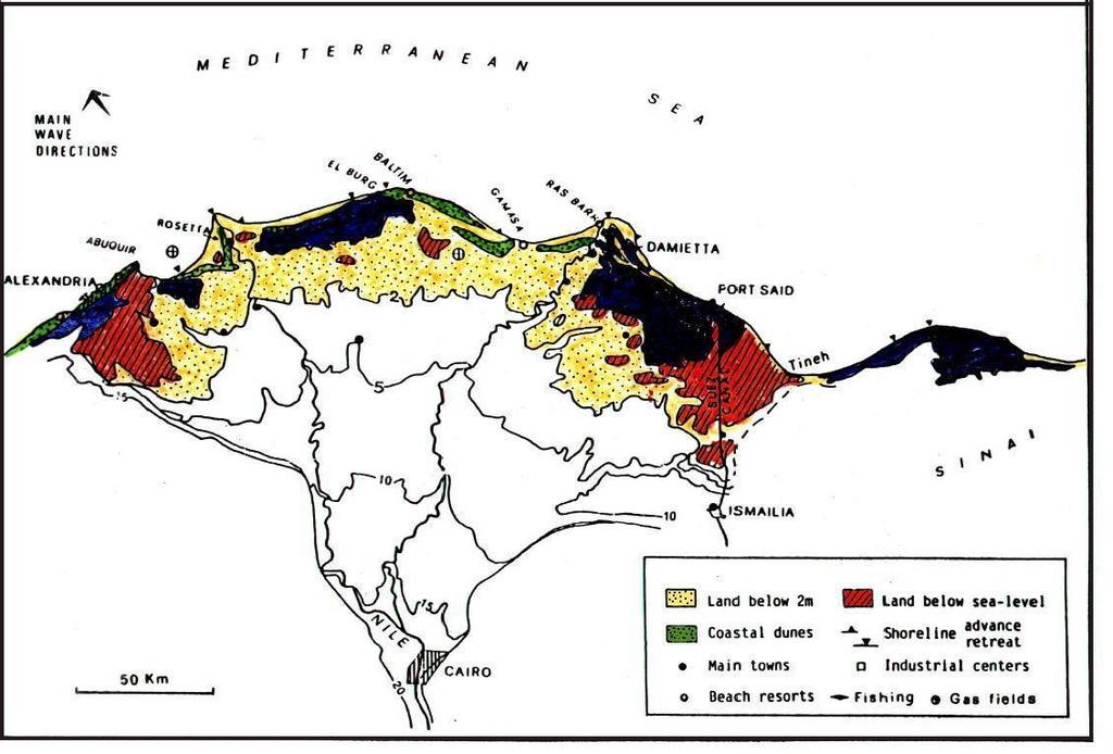 indicating areas below sea level in red (Sestini,1990;