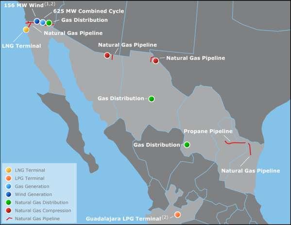Sempra Mexico Assets LNG: Regasification terminal in Ensenada, Baja California; two storage tanks of 320 Mmcfd capacity and 1.