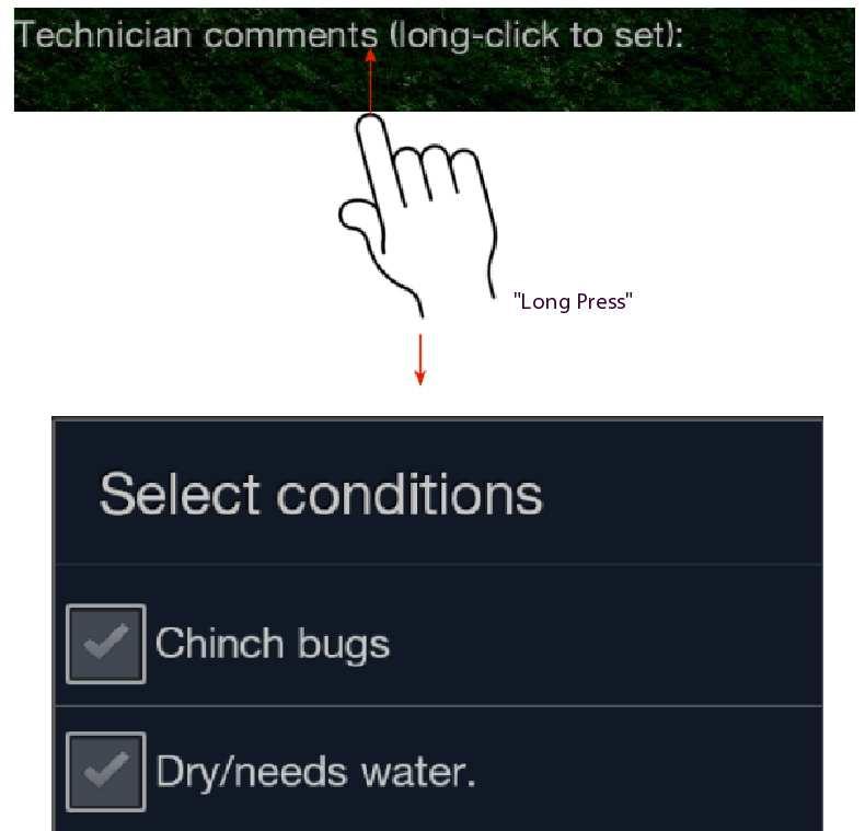 The "Technician Comments" box is for "quick posting" comments, habits, lawn conditions etc.