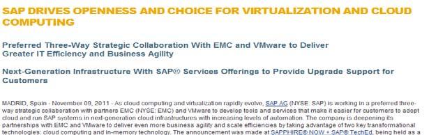 EMC, SAP, VMware Alliance Investment News Release on SAP.