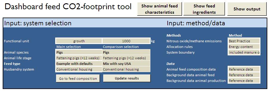 Figure 6.1 The user interface of the tool The user must be able to calculate the footprints of different feed products for comparison. The output screen displayed in Figure 6.