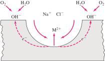 Growth of Pit Growth of pit involves dissolution of metal in pit maintaining high acidity at the bottom. Anodic reaction at the bottom and cathodic reaction at the metal surface.