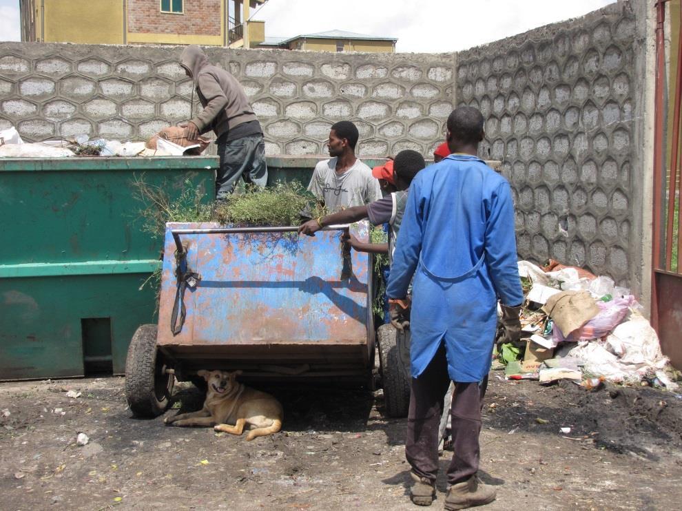 Figure 2. MSE employees emptying waste into skips. Source: Stratus Consulting.