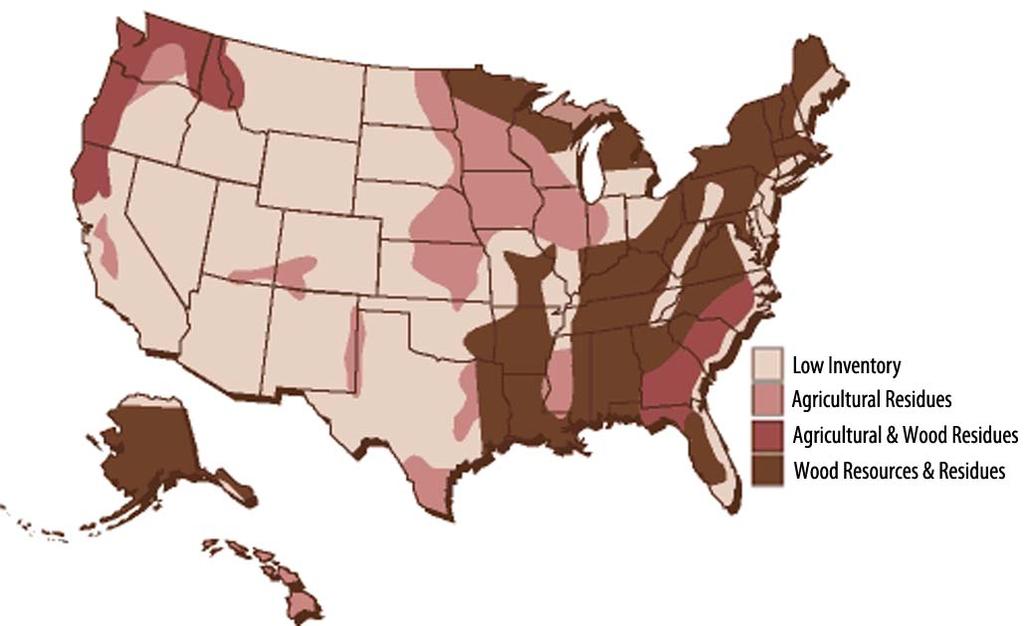 Figure 1. Geographical Areas with Biomass Resources Source: U.S. Department of Energy, http://www.energysavers.gov/images/biomass_map.gif.