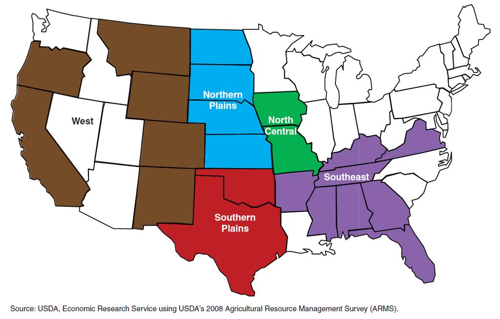 3 limitations to this survey as it only includes 1,966 responses from 3,600 surveyed producers (Economic Research Service, 2011). Figure 1.2 U.S. beef cow-calf production regions (Economic Research Service, 2011) Table 1.