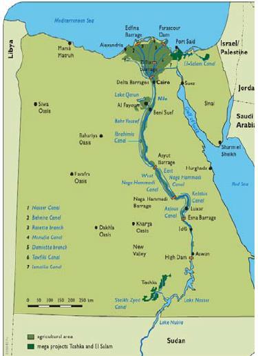 The area of agricultural land in Egypt is confined to the Nile Valley and delta, with a few oases and some