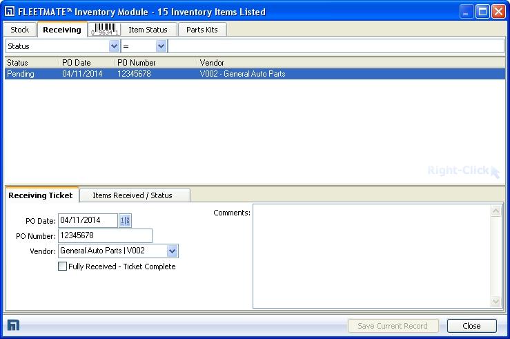 Receiving Tickets To receive material into inventory to capture actual cost information, click the Inventory toolbar button or use the Company Data Inventory menu option.