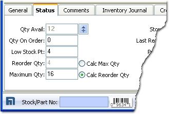 Adding an Item to Inventory Status Tab Inventory Control Values Using the Status tab, you will manually manage the Qty on Order, Low Stock Pt, Reorder Qty and Maximum Qty values.