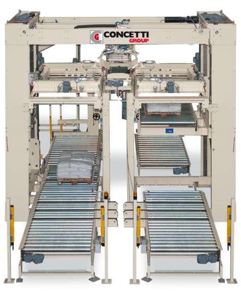 TWO IN ONE ROBOT PALLETIZER - NEW Two in one robot palletizer features a gripper that picks bags from a single roller conveyor and deposits them onto two platforms with motorized side and top layer