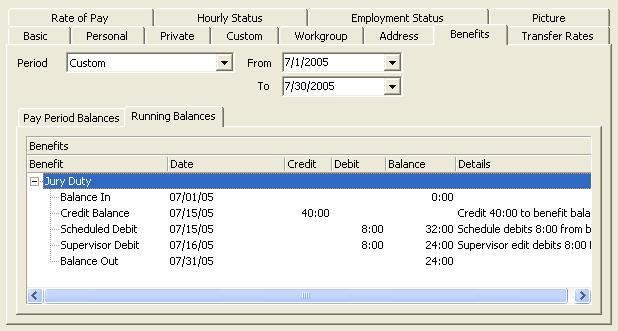 Using Employee Benefits Displays the date range of a custom benefit period Shows a credit made to the benefit bank Shows starting balance of the benefit bank Shows payments to the employee, which are