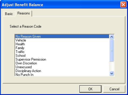 Using Employee Benefits 5. Choose a reason for the benefit balance adjustment and click OK. Try to be consistent about the types of reason codes you use.