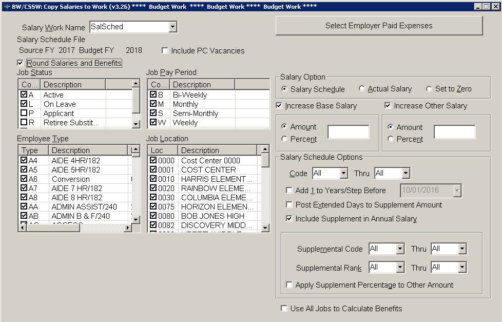 Copy Salaries to Work (BW/CSSW) Use this transaction to copy information into the salary work tables that were created in the Salary Work Maintenance/Setup transaction (BW/SUSW).