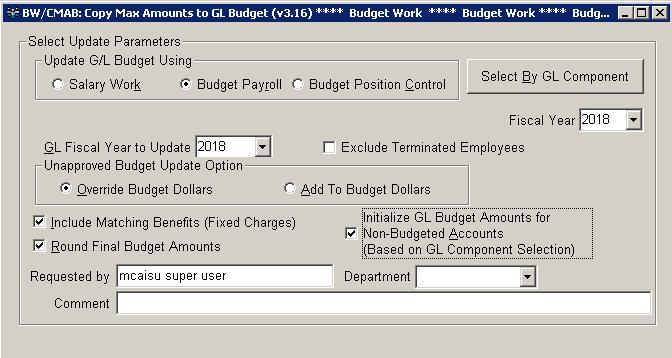 Updating from BW/EMNT Budget Amount (Scenarios 2 and 3) Make sure you have already run BW/UEFW to update BW/EMNT Job G/L Distribution Budget Amounts before you run this transaction.