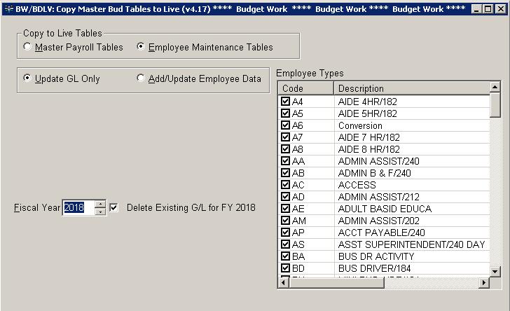 Update GL and Pay Data from BW to Live (BW/BDLV) Use this transaction to update Master Payroll Tables and Employee Maintenance data from Budget Works to Live Payroll.