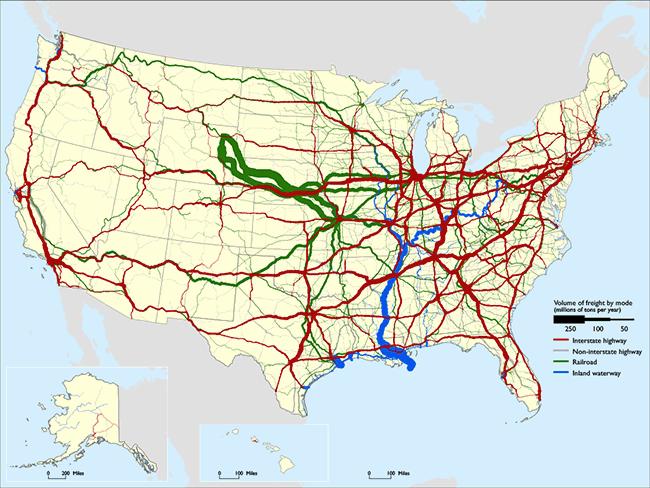 5, 2015; Rail: Based on Surface Transportation Board, Annual Carload Waybill Sample and rail freight flow assignments done by Oak