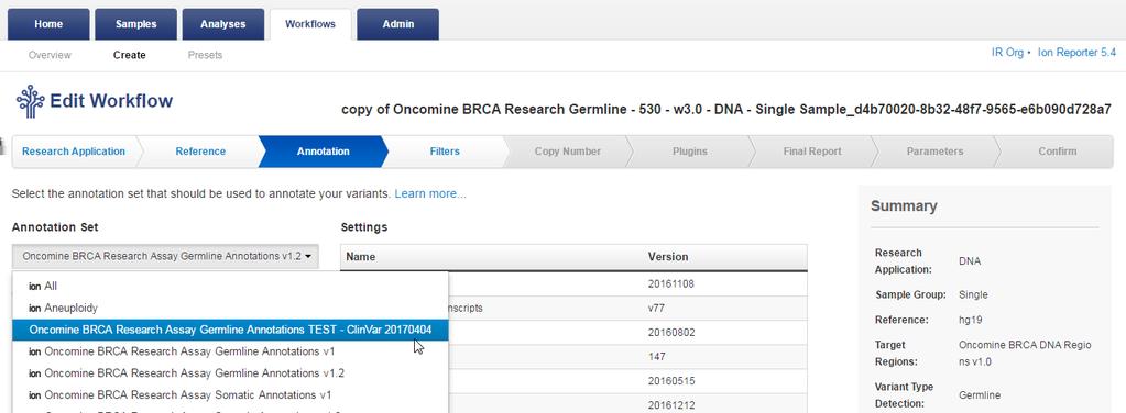 Click the Workflows tab, then select the Oncomine BRCA Research workflow that you want to copy and edit.