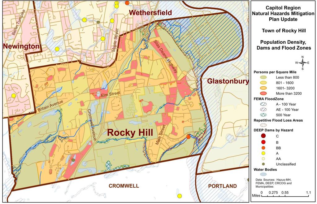 Map 46: Rocky Hill Population Density, Dams and Flood Zones
