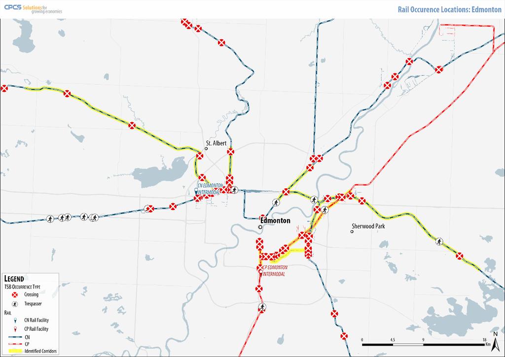 5.2.5 Edmonton East-West Corridor Figure 5-8 shows the crossing and trespassing accidents in the Edmonton region and the Edmonton East-West Corridor.