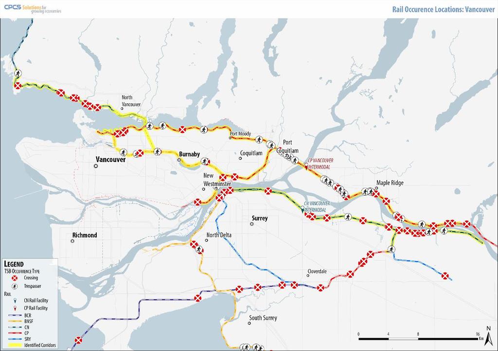 5.2.6 Metro Vancouver East-West Corridor Figure 5-9 shows the crossing and trespassing accidents in the Metro Vancouver region and the Metro Vancouver East-West