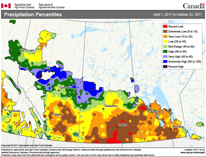 The 2017 growing season in Canada was diverse across the country, including in the prairie region. Most of the Prairies experienced dry and hot temperatures, causing yield declines in some areas.