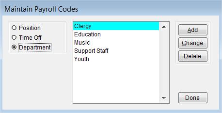 Optional Setup You can keep your payroll departments as shown below: Or, you can Add, Edit, or Delete as needed. Do you need to use departments?