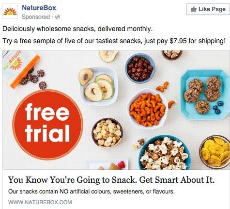 Example 2: NatureBox made great use out of the photo ad. The sub-head connects with the viewer. image shows exactly what you re getting: a free trial and various health orientated snacks.