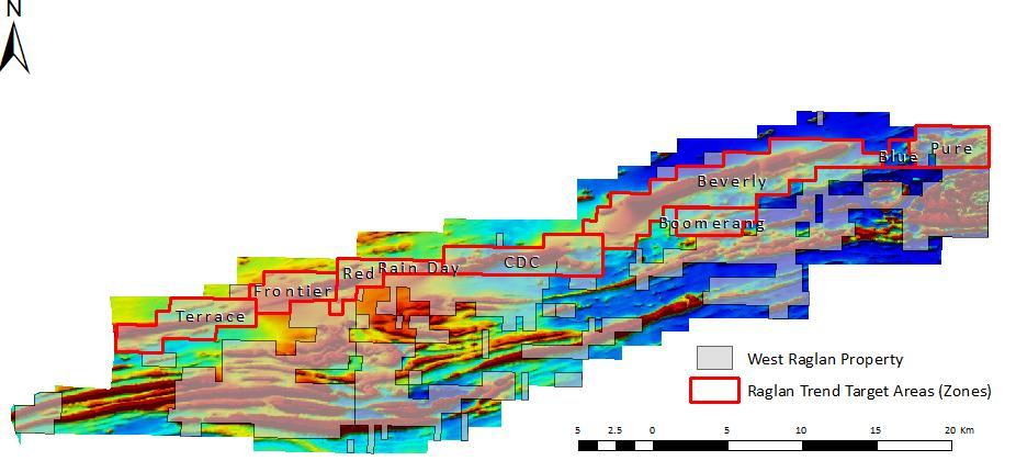 West Raglan Multiple Targets Outcropping Sulphide Mineralization 9 mineralized zones identified across the property Raglan Trend South Trend Total Magnetic Field Outcropping sulphide mineralization