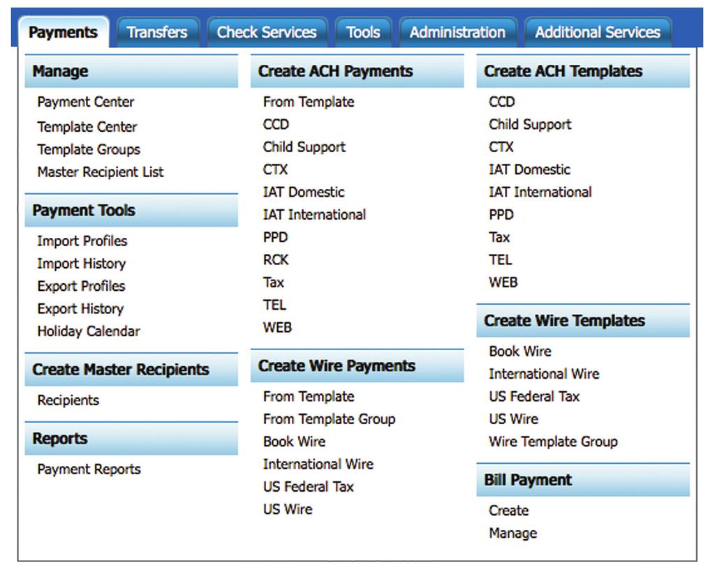 upayments Tab Originate Bill Payments, ACH and Wire Transactions: Schedule recurring ACH and Wire transactions.
