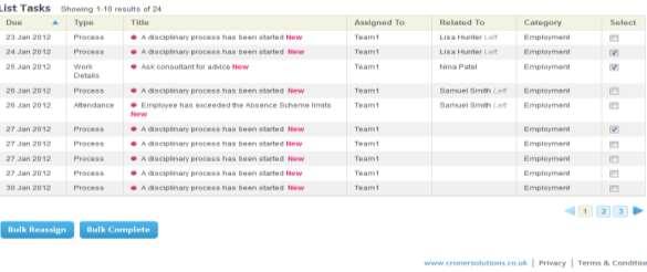 To reassign multiple tasks or mark multiple tasks complete, check the box adjacent to the task and select Bulk Reassign