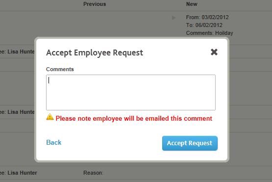 employee request, Place a tick in the Select box for the required request and click Accept or Reject.