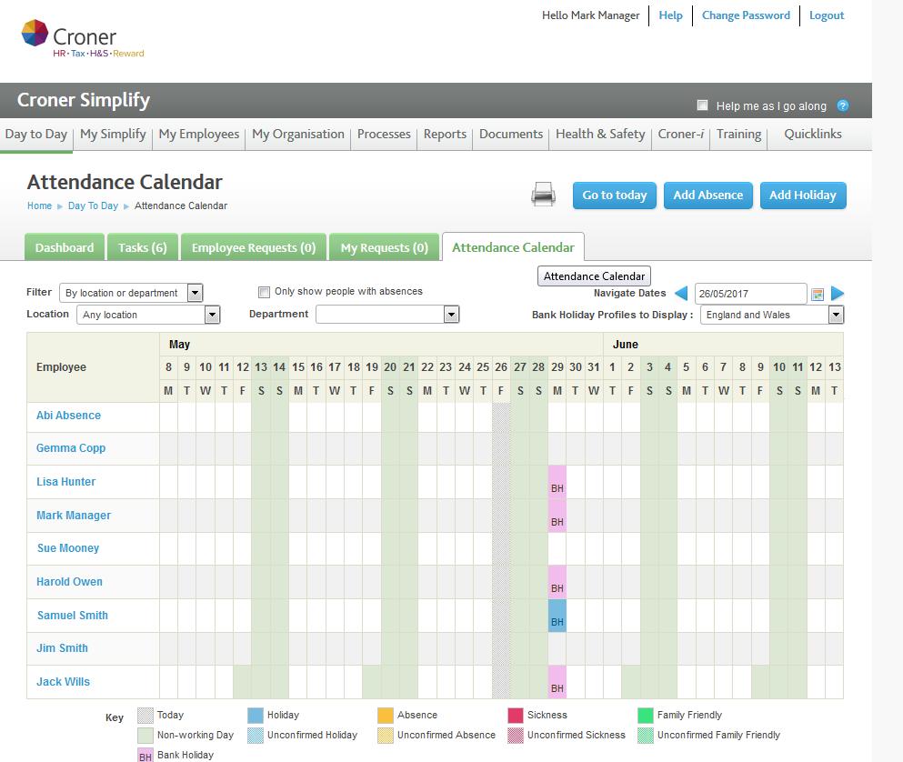 Attendance Calendar The Attendance calendar shows all the employees holiday and absences within your team (or in the organisation if set up that way by the administrator).