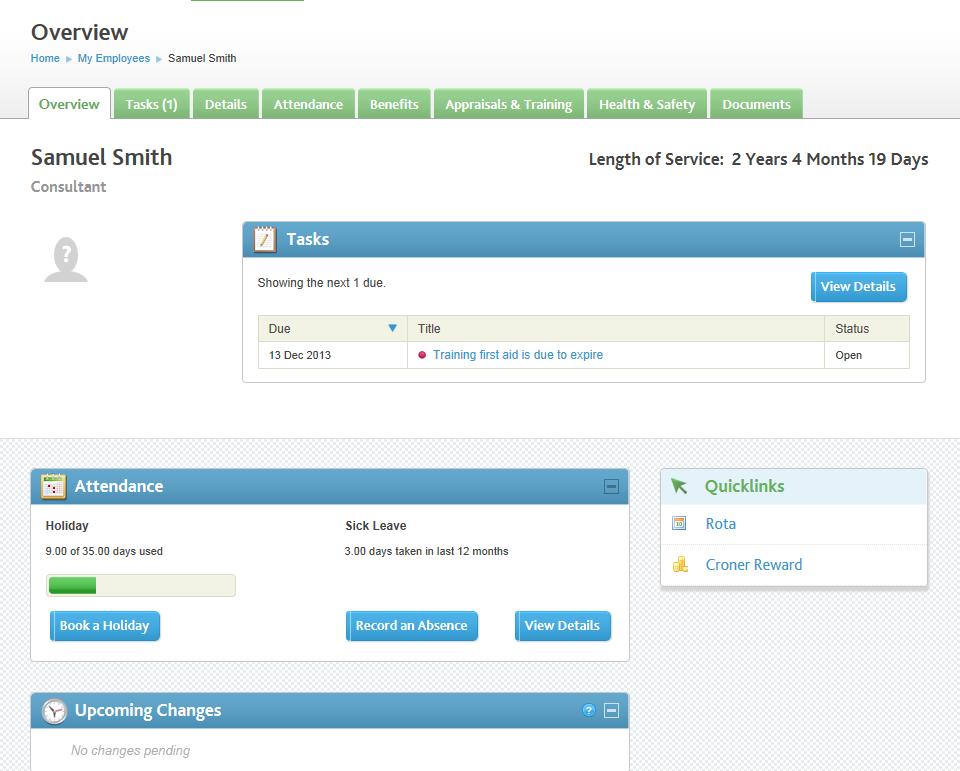 Overview The overview allows you to access some of the most commonly used aspects of managing your employee records including booking a holiday and logging an absence.