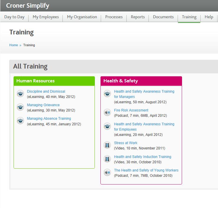 Training This tab provides Training videos and podcasts covering Employment and Health Safety issues.